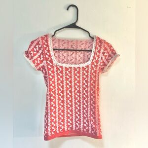 Urban Outfitters Red and Pink floral knit square neck lace trim short sleeve top